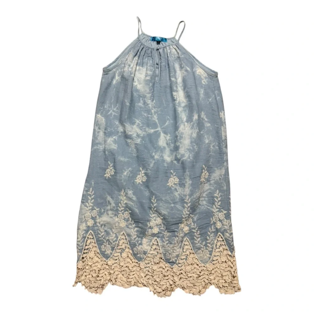 Blue & Cream Womens Tie dye Sleeveless Boho Cottagecore Crochet Hem Dress Small
